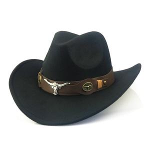 Chapeaux de cowboy SOLPOP pour tous les jours, style western, pour garçons et femmes, en feutre, style jazz, classiques, avec décorations de boucle de ceinture en forme de taureau - Product Image 1