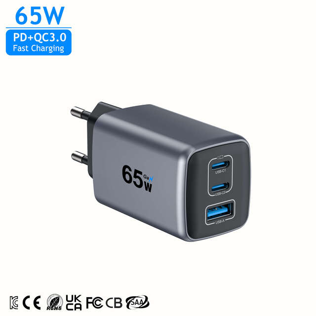 Certified 65W GaN PD Fast Charger 2 Type C and 1USB a Port Wall Charger Quick Charging for Laptop Tablet Smartphone Travel Use