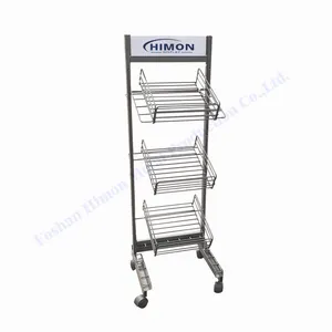 Retail Store Shop Movable With Wheels Metal Slanted Wire Basket Shelves Umbrella Display Stand Rack