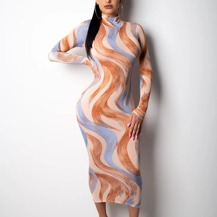 منتج جديد علي اكسبريس عبر الحدود الطباعة الرقمية الأمريكية والأوربية فستان بياقة عالية المبيعات الفورية
