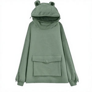 Felpa con <span class=keywords><strong>cappuccio</strong></span> in pile ecologico tinta unita da donna taglie forti Evertopone con motivo Karl Frog, stile streetwear, con cerniera verde, OEM/ODM - Product Image 3