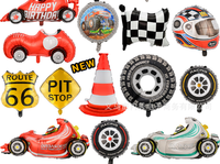 Nouveau ballon en aluminium circulaire à carreaux noir et blanc de 18 pouces avec décoration sur le thème de la course, voiture de rallye de formule