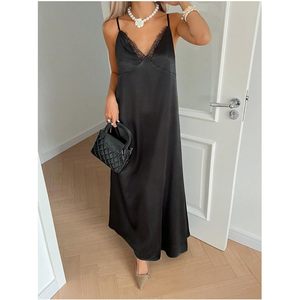 Women's Elegant Satin Slip <b>Dress</b> V Neck <b>Spaghetti</b> <b>Strap</b> Maxi Evening <b>Dress</b> Natural Waistline Comfortable Fit - Product Image 5