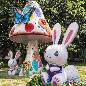 Sculpture de champignon et lapin enchanté-Décor de jardin féerique en fibre de verre pour parcs et terrains de jeux - Product Image 2