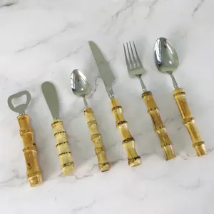 Environmental friendly 6 piece morden Cutlery set Bamboo handle copper serving dinnerware set SS304 dinner knife fork spoon