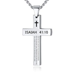 Collier avec Croix et Verset Biblique Inspirant en Acier Inoxydable, Chaîne Curb, Bijou de Mode Chrétien Religieux, Cadeau - Product Image 1