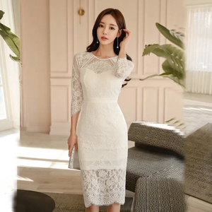 ZZSRJ Vestido corto de encaje en capas para mujer, vestido de noche de manga corta floral, vestido elegante con cuello en V para mujer (color beige, tamaño: grande