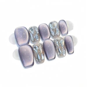 <span class=keywords><strong>Ongles</strong></span> à presser en acrylique dégradé pleine couverture, style français, motif ciel étoilé violet, incrustés à la main, avec <span class=keywords><strong>colle</strong></span> pour doigts - Product Image 6