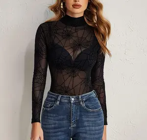 Thanh Lịch Cổ Cao Sheer Lưới Màu Đen Bodysuit Tops Mỏng Phù Hợp Với Sexy Đồ Lót Bodycon Playsuits Cho Phụ Nữ