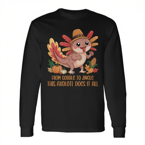 Camiseta de manga larga con diseño de axolote y sombrero de peregrino para el Día de Acción de Gracias, unisex para adultos, cuello redondo, impresión digital, para reuniones familiares - Product Image 3