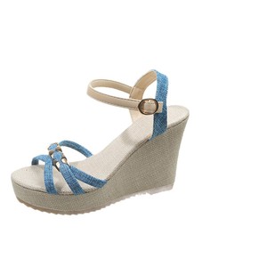 Women European and American Style Wedge <b>Sandals</b> Fabric Summer New Large Platform Thick Sole Color Block Roman <b>Sandals</b> - Product Image 5