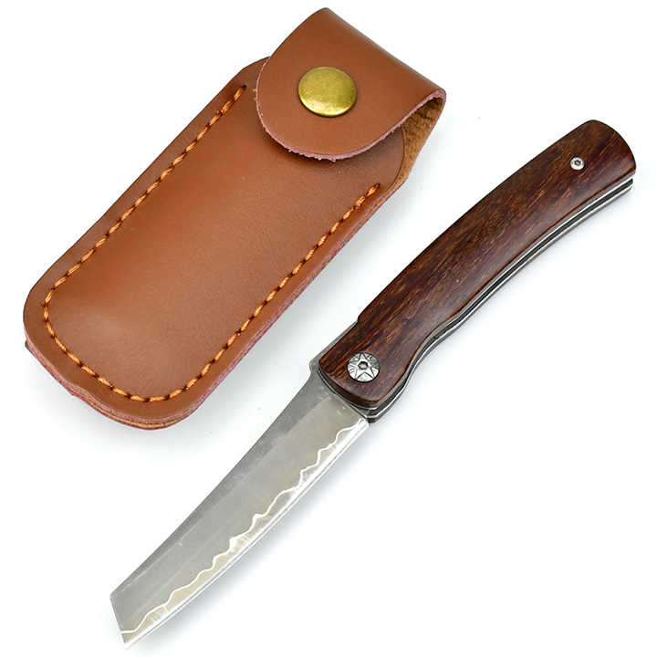 High Hardness Damascus Steel VG10 Core Pocket Knife Wood Handle Portable Fishing Hunting Folding Knife Leather Sheath Outdoor