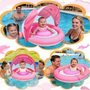 Bouée de piscine pour bébé en forme de dauphin rose avec auvent solaire réglable UPF50+ et deux chambres à air - Product Image 5