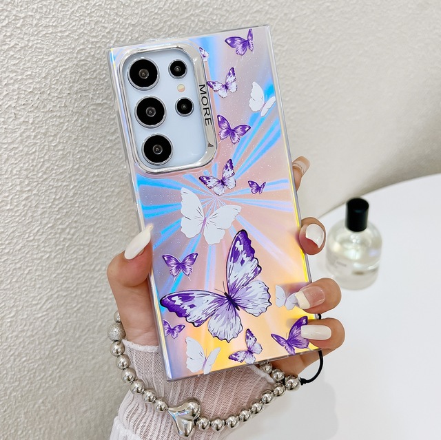 Case For Samsung S25Ultra Plated Butterfly S24Plus Laser A56 Pearl Shockproof Bracelet Mobile Phone Case for Foreign Trade