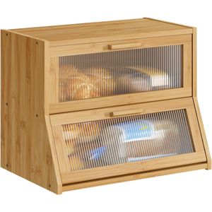 Double Layer Bamboo Wood Bread Box Large Capacity <b>Kitchen</b> Countertop Storage With Acrylic Door Panel - Product Image 2