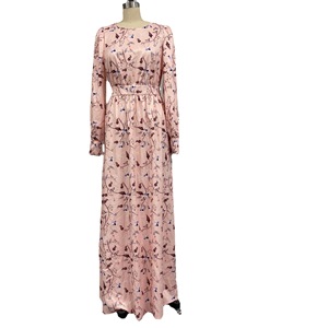 Robe de demoiselle d'honneur élégante imprimée rose à taille mi-haute, dos nu, col rond, manches longues, printemps, été, automne pour femme - Product Image 5