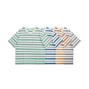 2023 여름 새로운 유행 브랜드 대비 스트라이프 바닥 슬릿 짧은 소매 티셔츠 남성과 여성