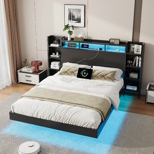 <span class=keywords><strong>Lit</strong></span> flottant moderne double avec station de charge USB, tête de <span class=keywords><strong>lit</strong></span> avec rangement, éclairage LED intégré, structure en métal robuste pour chambre à coucher - Product Image 3