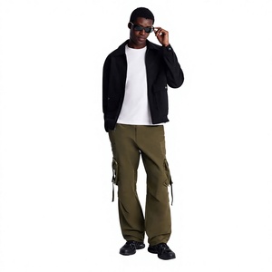 Pantalon cargo pour homme en toile vert olive, plusieurs poches, taille élastique, style vêtements de travail, à porter en automne - Product Image 1