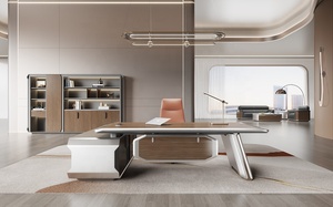 Escritorio Ejecutivo Moderno en Forma de L, Mesa Curva de Lujo para Gerentes, Estación de Trabajo con Cajones Laterales con Cerradura <span class=keywords><strong>y</strong></span> Almacenamiento - Product Image 3