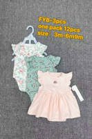Ensemble 3-en-1 pour bébé fille brodé cerises/roses : Robe-bodysuit en tricot texturé + culotte florale, lot de 12 pièces en gros