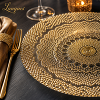 Assiette de présentation de luxe en verre à motif Mandala, dorée et transparente, décorative pour la location de décoration de table de fête