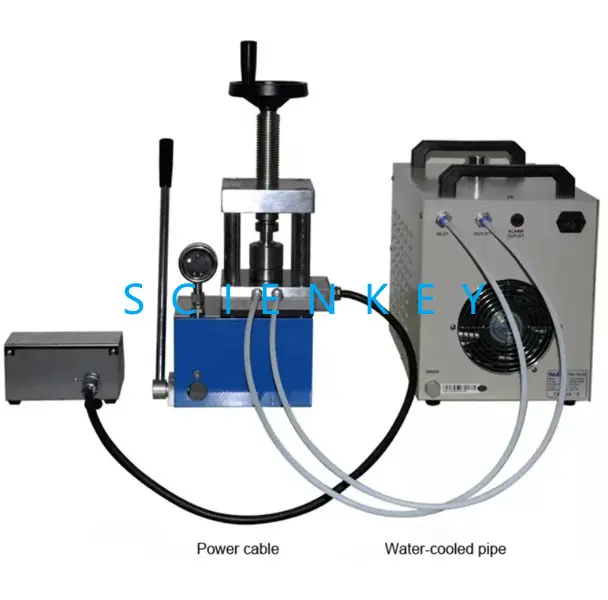Imprensa hidráulica do laboratório de uma placa de aquecimento de camada dupla e uma camada de circulação resfriada à água