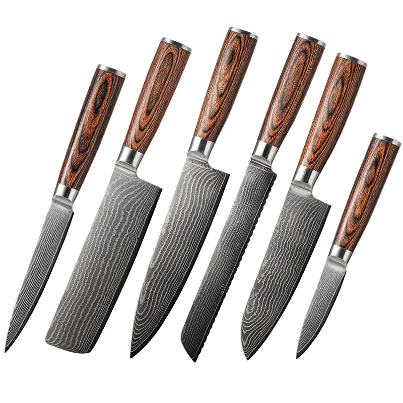 Set de 6 couteaux de chef damas avec manche Pakkawood 67 couches VG10 Couteaux de cuisine japonais professionnels en acier damas
