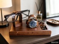 Organisateur de montres et de lunettes en bois, support de bureau en bois pour lunettes, montres, boutons de manchette et petits accessoires