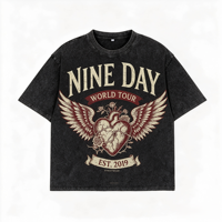 Kaos Pria Oversize Grafis 100% Katun Stonewashed Vintage Tee Thorn Heart Cetak Dua Sisi O-Neck Streetwear