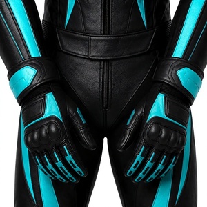Women Leather Motorcycle Racing Suit Black Teal Color Blocked Full Sleeve One Piece <b>Bodysuit</b> - Product Image 5