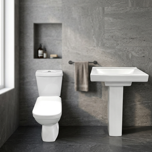 Ensemble de salle de bain en céramique pour le marché africain, comprenant WC deux pièces avec réservoir à double chasse et lavabo sur colonne - Product Image 4