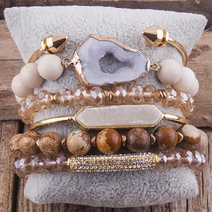 Neueste Chip Stein Gold Punk Nagel Armreif natürlichen Edelstein Perlen Armband Set weiß druzy Armreif Stapel Armband Set