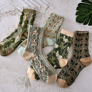 Chaussettes rétro en coton pur pour femmes, respirantes, motif Floral, Jacquard, <span class=keywords><strong>Tube</strong></span> central - Product Image 4
