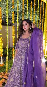 Women's Purple Embroidered Chiffon Anarkali <b>Dress</b> Full Length O-Neck Elegant Floral Pattern Sleeveless Loose Fit Spring Summer - Product Image 2