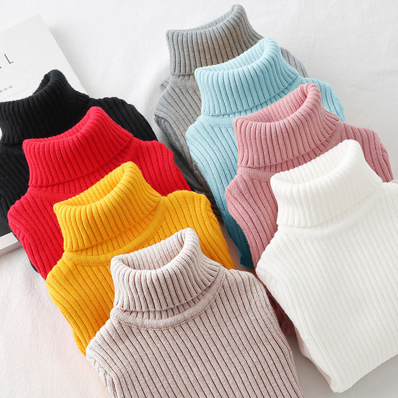 High Quality Autumn Winter Kids Clothes Solid Color High Collar Cotton Knitted Pullover Sweater for Boy Girl