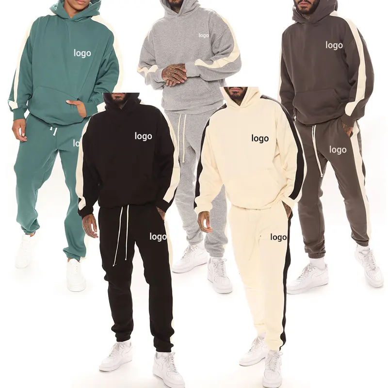 Logo personnalisé à capuche 100% coton hommes rayé sweats à capuche ensemble à manches longues 2 pièces à capuche ensemble et Sport pantalon survêtement