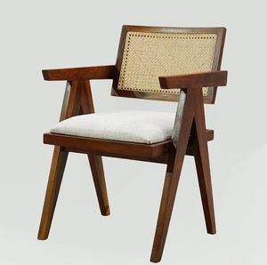 Fauteuil en bois de sheesham massif avec coussin et dossier en rotin pour salon, chambre, jardin, balcon, intérieur et extérieur - Product Image 5