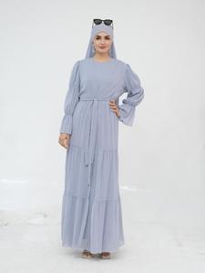 Abaya Modesta Semitransparente Azul Polvoriento con Volantes en Capas, Vestido Maxi con Hiyab a Juego, 100% Poliéster, Manga Larga, Ropa Islámica para Primavera/Verano - Product Image 4