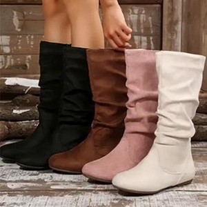 Plus Size Mid-Calf Boots Women Autumn Winter New Slip-On Pleated Slouch <b>Flat</b> Pu Upper Rubber Outsole Solid Round <b>Toe</b> Shoes - Product Image 1