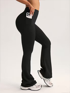 High Waist Flared Leg Yoga <b>Leggings</b> Full Length Solid <b>Black</b> Seamless Four-Way Stretch Elastic Waist - Product Image 2