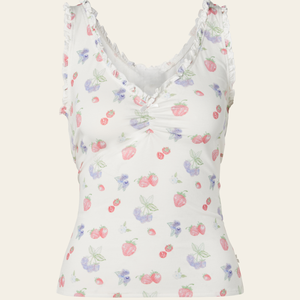 Conjunto de Pijama Modal para Mujer con Estampado de Fresas y Bayas Blancas, sin Mangas, Cuello en V, con Volantes, Ropa de Dormir Suave de Bambú y Algodón - Product Image 5