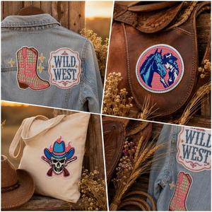 Patch thermocollant brodé style western américain, motif cowgirl, nœud, cheval et bottes, rose-bleu, pour vêtements, bagages et décoration - Product Image 4