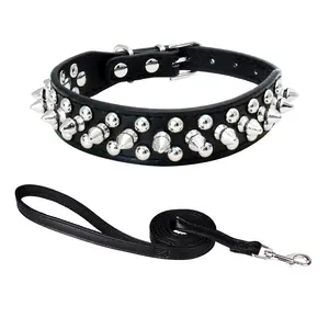Spiked Studded Leather Hunde halsband mit Leine, Rivet PU Leder Hunde halsband für Pit Bull, Durable Spiked Studded Leather Cat Collar
