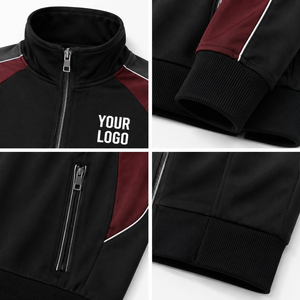 Veste de survêtement personnalisée pour homme, noire et bordeaux, à blocs de couleur, col montant, fermeture éclair intégrale, avec poches zippées, pour clubs sportifs - Product Image 3