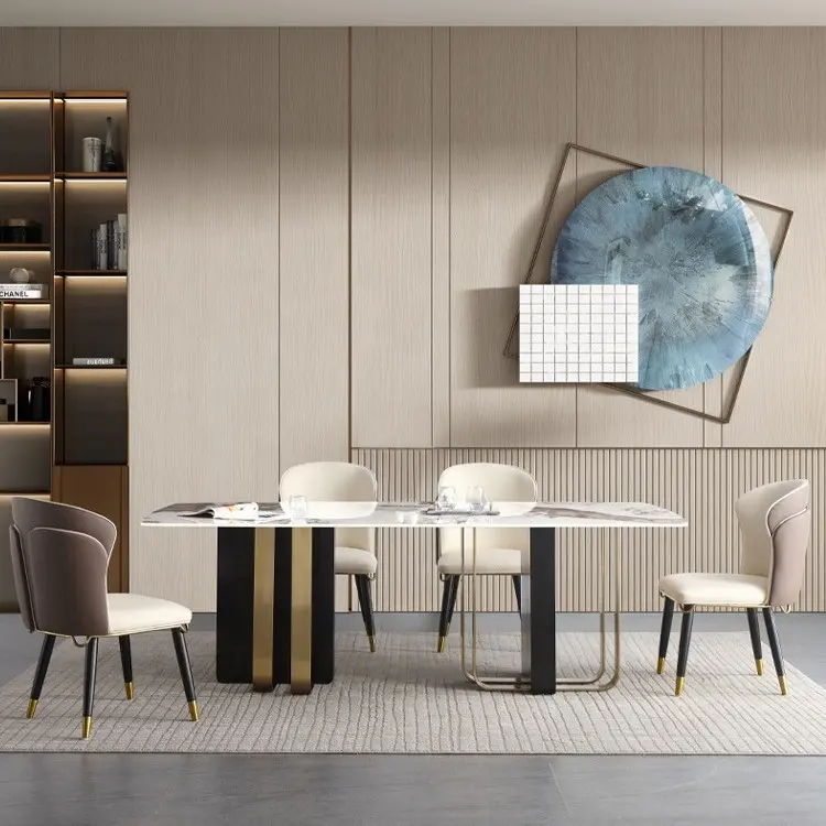 Mesa de jantar luxuosa moderna com cadeiras retangulares de aço inoxidável de pedra sinterizada para villa