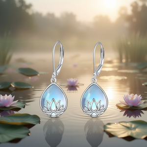 Boucles d'oreilles pendantes Fleur de Lotus en Argent 925 avec incrustation de coquillage et serti clos, Bijoux bouddhistes classiques pour femme, à porter au quotidien - Product Image 2