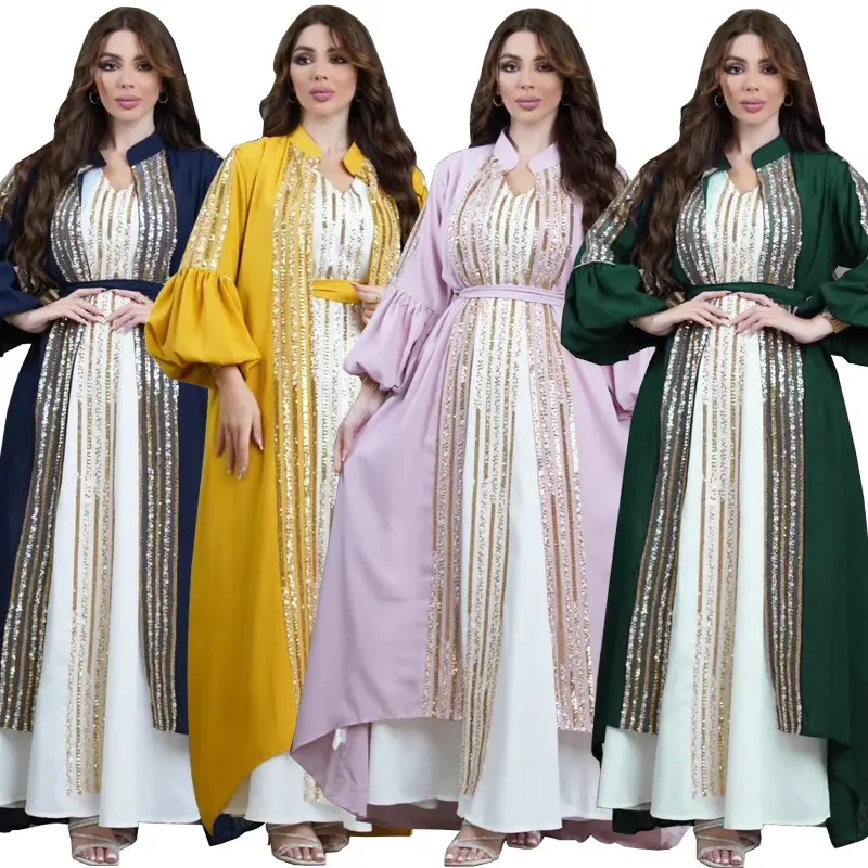 Limano gaun malam kaftan Fashion jubah perempuan Timur Tengah gaun malam wanita muslim dua potong bermanik berkilau abaya