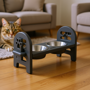 Ciotola regolabile per animali domestici, grigio scuro, in legno riciclato resistente, pronta per i viaggi, per gatti - Product Image 2