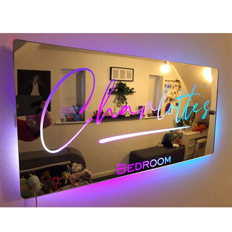 Espelho acrílico luminoso com luzes LED, desenho decorativo personalizado gravado frontal para decoração de paredes de sala de estar e quarto